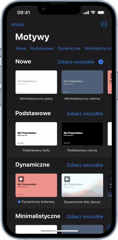  Paleta motywów z widocznym na górze wierszem kategorii, w które możesz stuknąć, aby filtrować dostępne motywy. Poniżej widoczne są miniaturki gotowych motywów uporządkowane wierszami według kategorii.