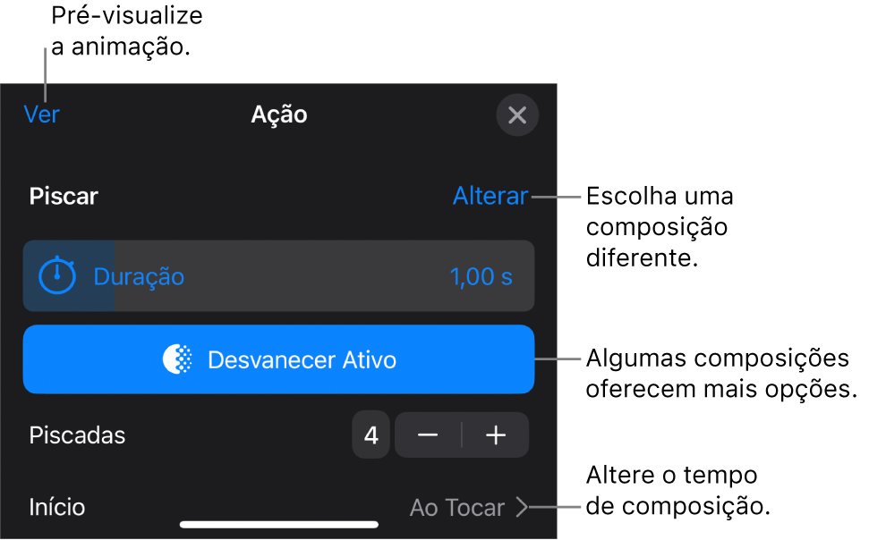 Entre as opções de composição estão Duração e tempo de Início. Toque em Alteração para escolher uma composição diferente ou toque em Pré-visualizar para pré-visualizá-la.