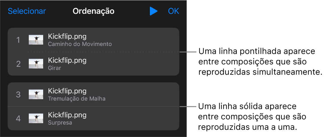 Menu “Ordem de Composição”, com uma linha pontilhada aparecendo entre composições reproduzidas simultaneamente e uma linha sólida entre composições reproduzidas uma a uma.