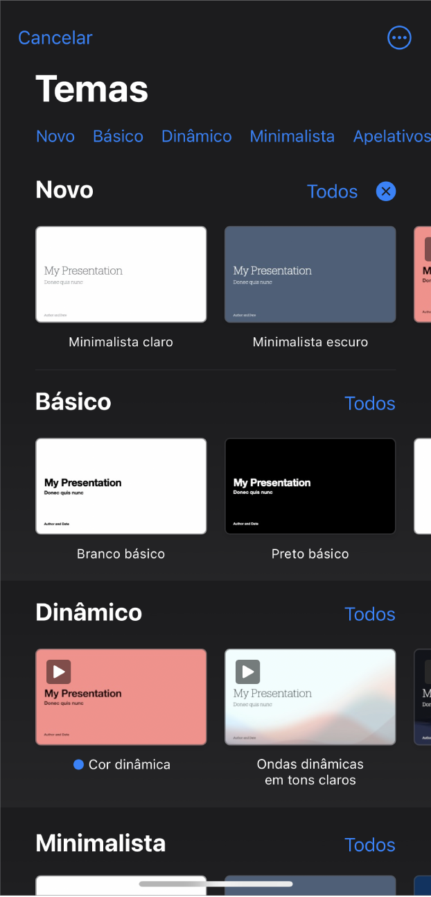 A lista de temas com uma linha de categorias visível na parte superior, na qual é possível tocar para filtrar as opções. Por baixo encontram-se as miniaturas de temas preconcebidos organizados em linhas por categoria.