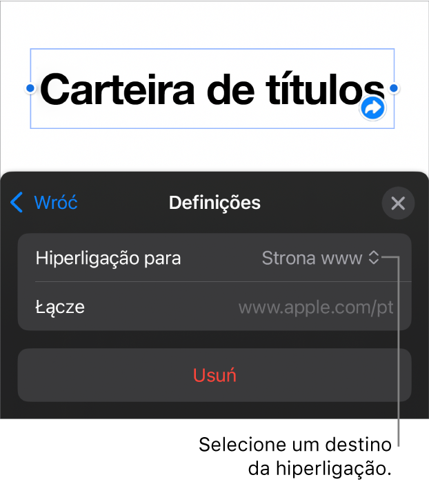 Os controlos “Definições” com a página web selecionada e o botão “Remover” na parte inferior.