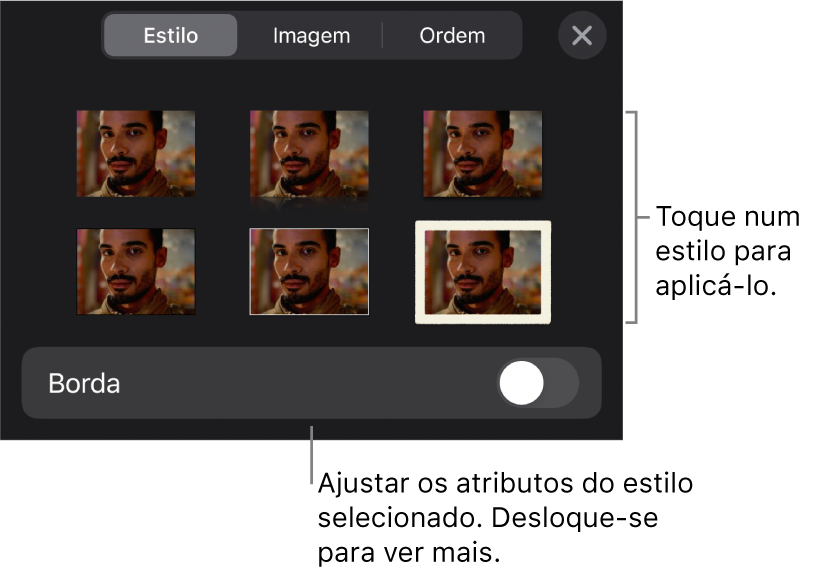 O separador “Estilo” do menu "Formatação” com estilos de objeto na parte superior e um controlo por baixo para alterar a borda.