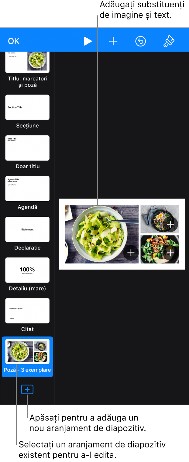 Un aranjament de diapozitiv care apare pe spațiul de lucru al diapozitivului, cu butonul “Adăugați un aranjament de diapozitiv” în partea de jos a navigatorului de diapozitive.