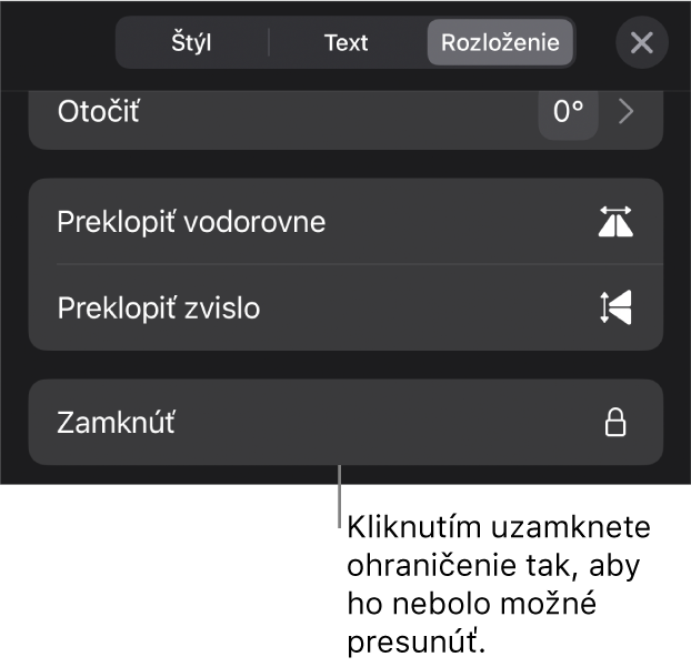 Ovládacie prvky Rozloženie v menu Formát so zvýrazneným tlačidlom Zamknúť.