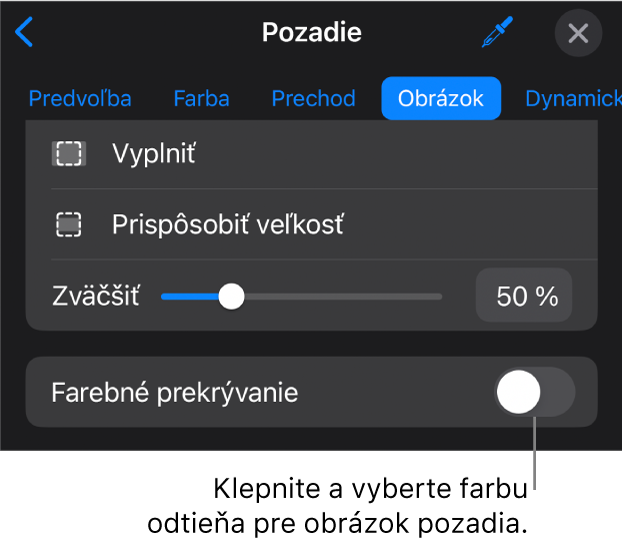 Ovládacie prvky pozadia s obrázkom nastaveným ako pozadie snímky a ovládačom Farebné prekrývanie v spodnej časti.