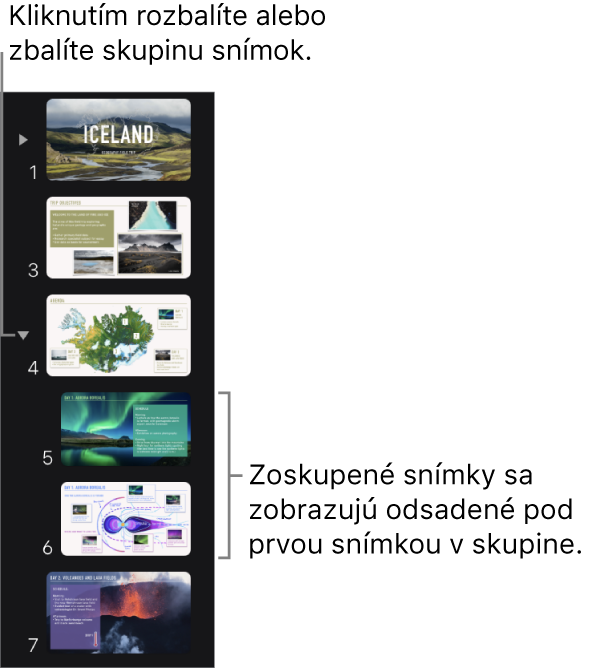 Navigátor snímok s odsadenými snímkami.