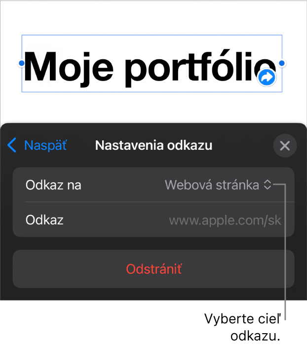 Ovládacie prvky nastavení odkazov s vybranou položkou Webová stránka a tlačidlom Odstrániť v dolnej časti.