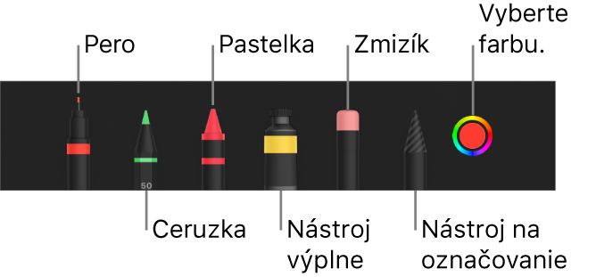Panel s nástrojmi kreslenia s perom, ceruzkou, pastelkou, výplňou, zmizíkom, nástrojom výberu a vzorkovníkom farieb zobrazujúcim aktuálnu farbu.