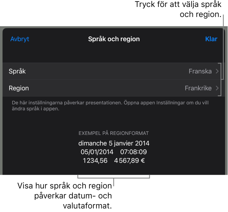 Panelen Språk och region med reglage för språk och region samt ett formatexempel med datum, tid, decimal och valuta.