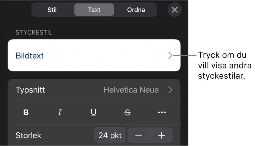 Menyn Format med textreglage för att ställa in stycke- och teckenstilar, typsnitt, storlek och färg.