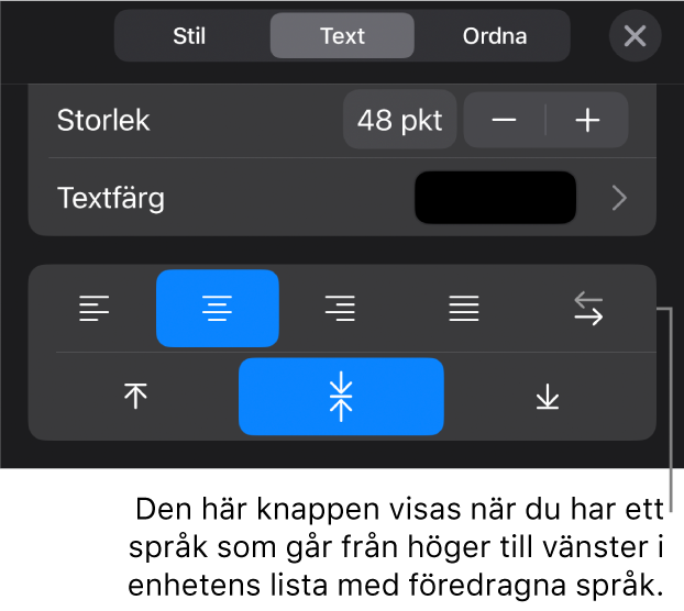 Textreglage i menyn Format med en pil mot höger-till-vänsterknappen.