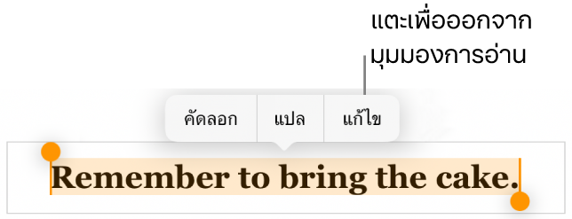 ประโยคถูกเลือกอยู่ และด้านบนเป็นเมนูบริบทที่มีปุ่มคัดลอกและปุ่มแก้ไข