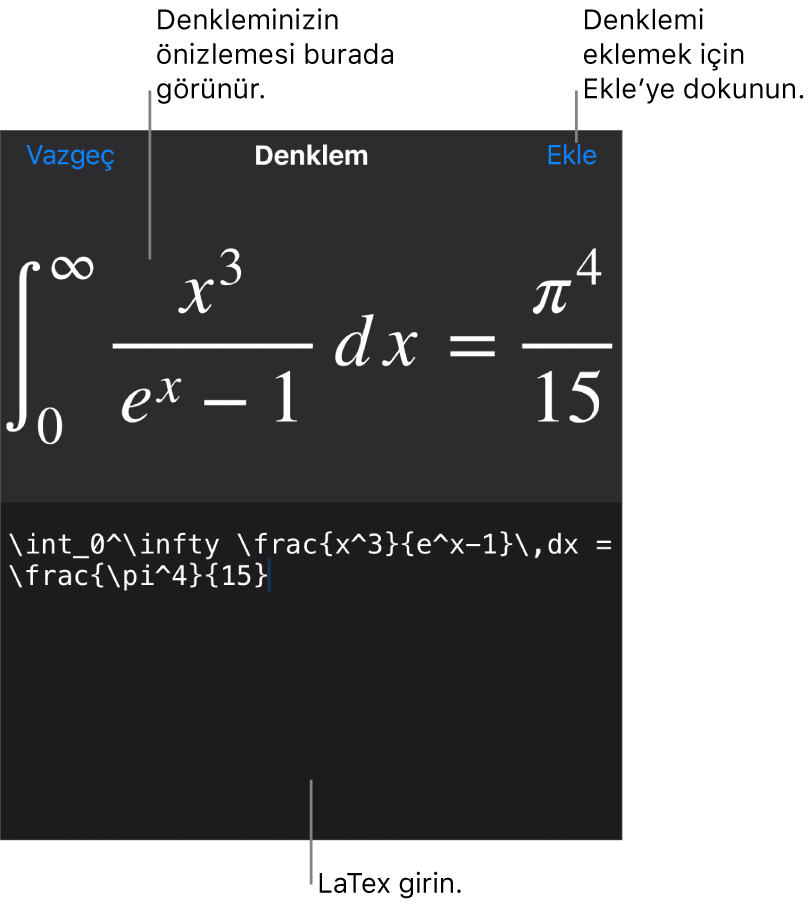 LaTeX komutları kullanılarak yazılmış bir denklemi ve onun üstünde formülün önizlemesini gösteren Denklem sorgu kutusu.