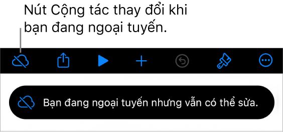 Các nút ở đầu màn hình, với nút Cộng tác được thay đổi thành đám mây với đường chéo xuyên qua. Cảnh báo trên màn hình cho biết “Bạn đang ngoại tuyến nhưng vẫn có thể sửa”.