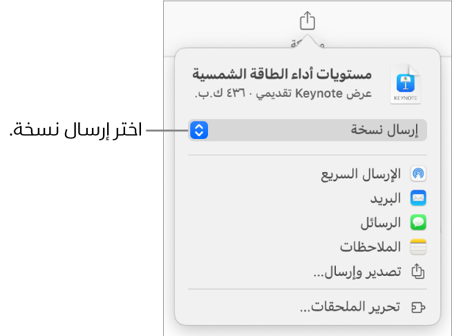 القائمة مشاركة حيث يظهر بها الخيار إرسال نسخة محددًا في الجزء العلوي.