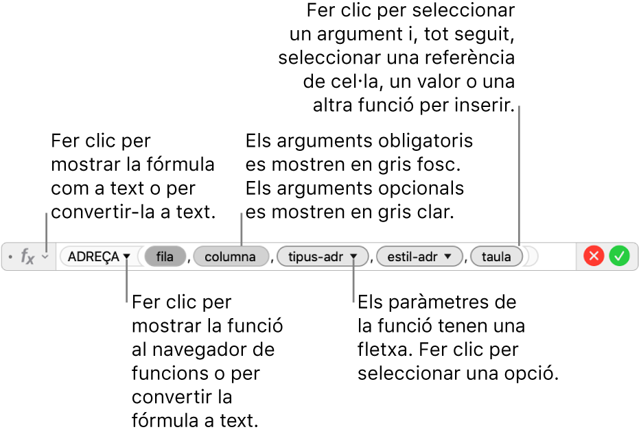 L’editor de fórmules, que mostra la funció ADREÇA i els arguments corresponents.