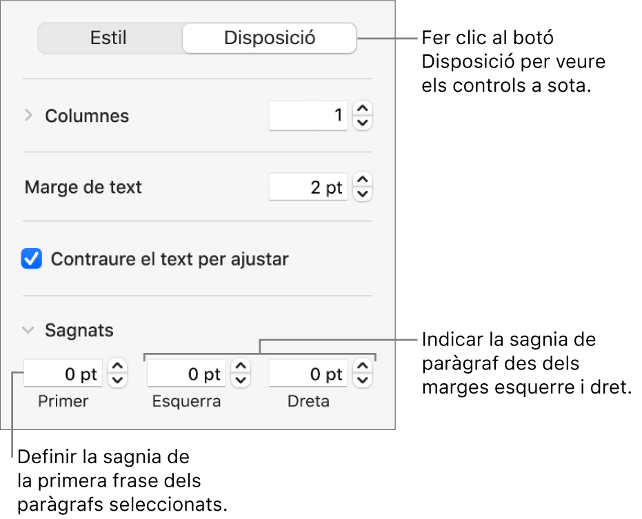 La secció Disposició de la barra lateral Format, amb controls per ajustar la sagnia de la primera línia i els marges de paràgraf.