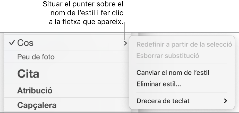 El menú “Estils de paràgraf” amb el menú de dreceres obert.