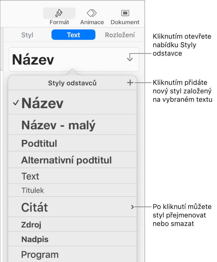 Nabídka Styly odstavců s ovládacími prvky pro přidání nebo změnu stylu