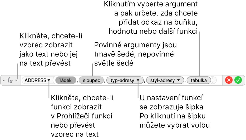 Editor vzorců s funkcí ADDRESS a tokeny jejích argumentů