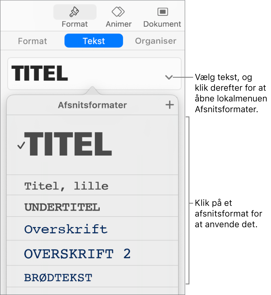 Menuen Afsnitsformater med et hak ud for det valgte format.