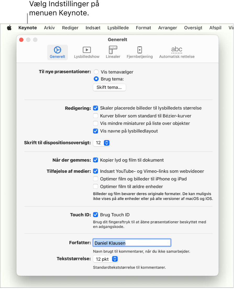 Vinduet Generelt åbent i Keynote-indstillinger.