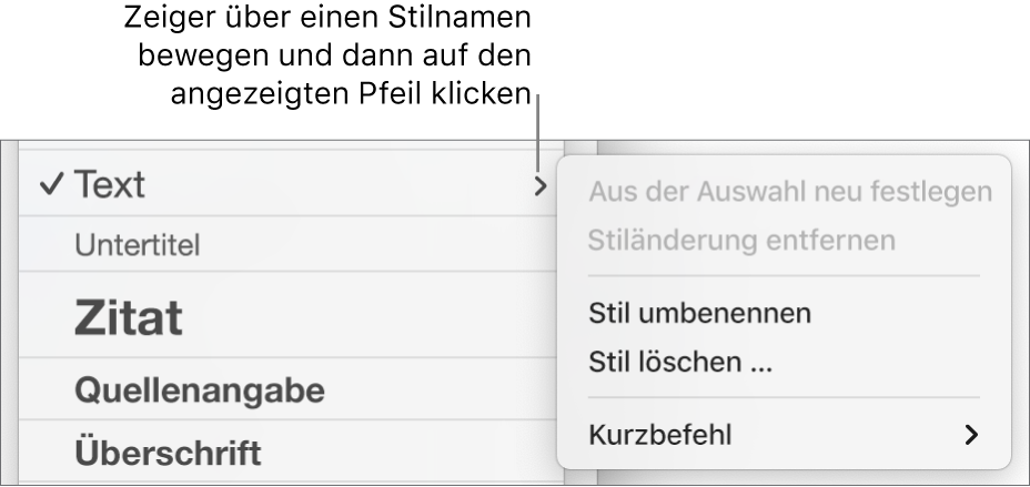 Das Menü „Absatzstile“ mit geöffnetem Kontextmenü