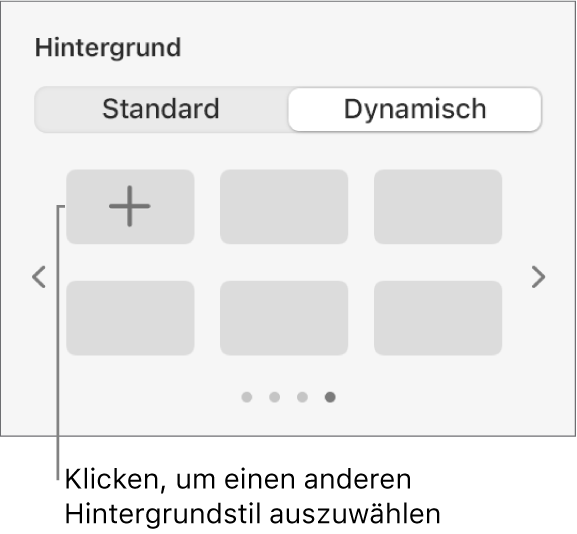 Die ausgewählte Taste „Dynamisch“ im Bereich „Hintergrund“ der Seitenleiste „Format“ mit der Taste „Stil hinzufügen“