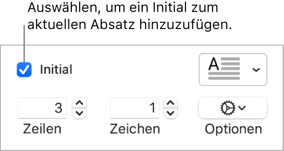 Das Feld „Initial“ ist markiert und rechts davon wird ein Einblendmenü angezeigt; Steuerelemente zur Einstellung der Zeilenhöhe, der Anzahl der Zeichen und weitere Optionen erscheinen darunter.