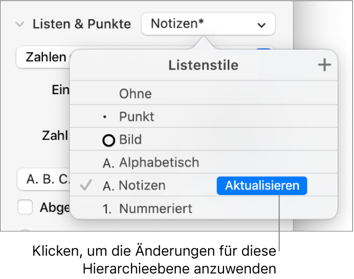 Das Einblendmenü „Listenstile“ mit einer Taste „Aktualisieren“ neben dem Namen des neuen Stils