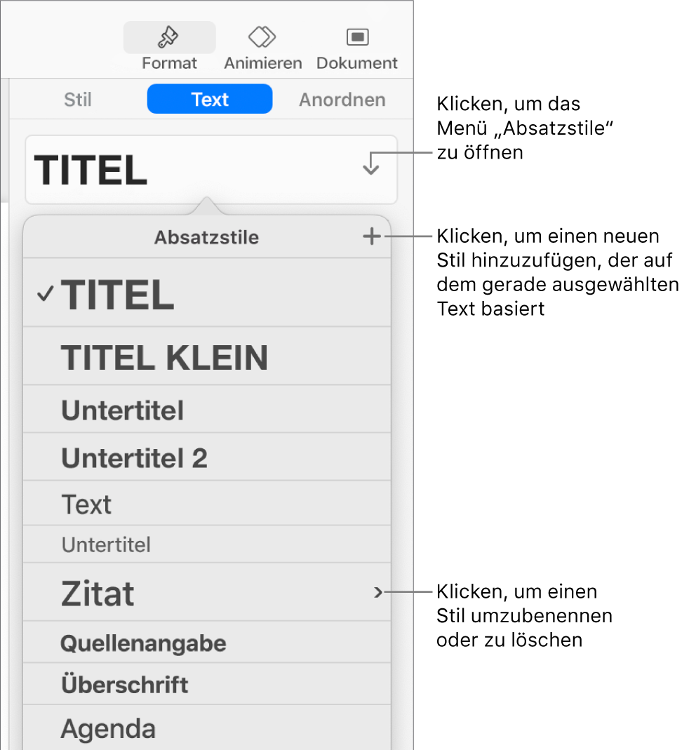 Das Menü „Absatzstile“ mit Steuerelementen zum Hinzufügen oder Ändern eines Stils