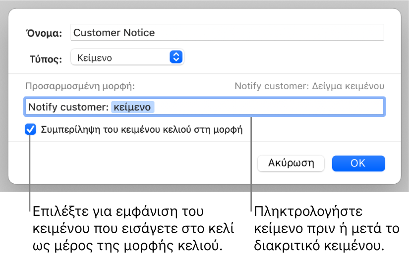 Προσαρμοσμένη μορφή κελιού κειμένου.