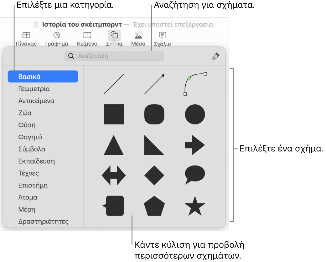 Η βιβλιοθήκη σχημάτων, με τις κατηγορίες να παρατίθενται στα αριστερά και τα σχήματα να εμφανίζονται στα δεξιά. Μπορείτε να χρησιμοποιήσετε το πεδίο αναζήτησης στο πάνω μέρος για να βρείτε σχήματα και κάντε κύλιση για να δείτε περισσότερα.