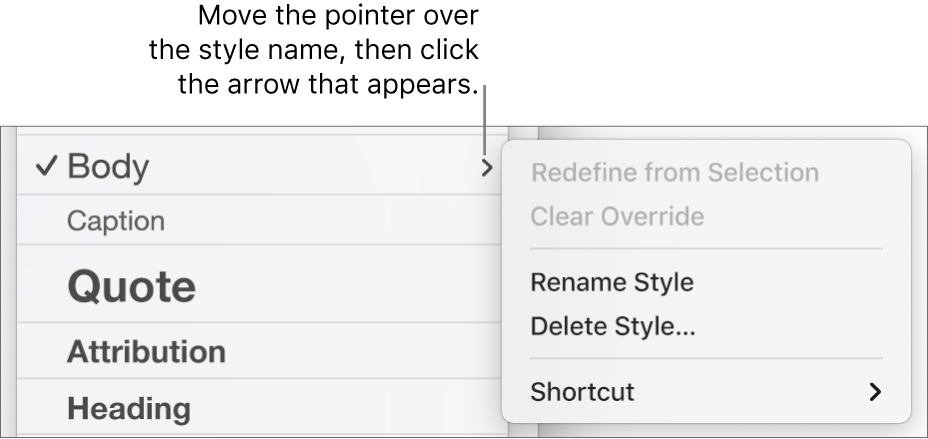 The Paragraph Styles menu with the shortcut menu open.