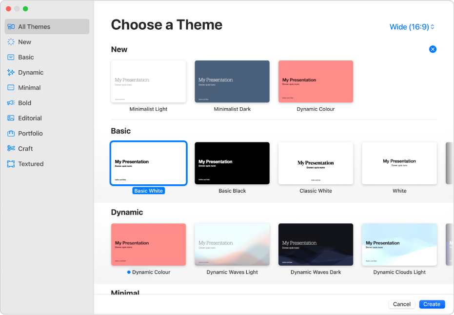 The theme chooser. A sidebar on the left lists theme categories you can click to filter options. On the right are thumbnails of pre-designed themes arranged in rows by category.