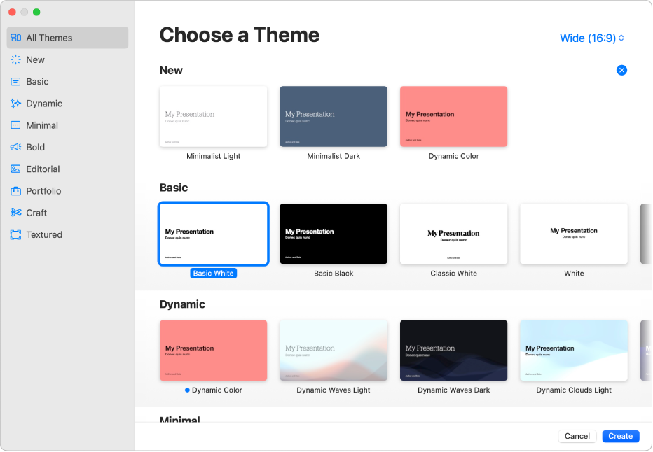 The theme chooser. A sidebar on the left lists theme categories you can click to filter options. On the right are thumbnails of predesigned themes arranged in rows by category.