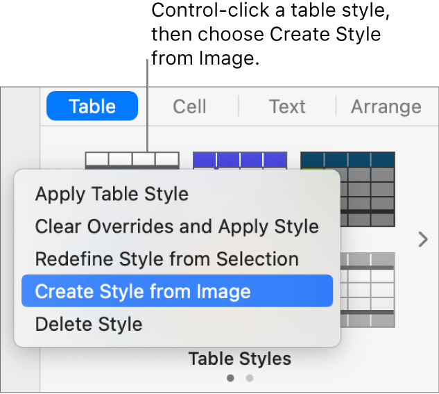 The table style shortcut menu.