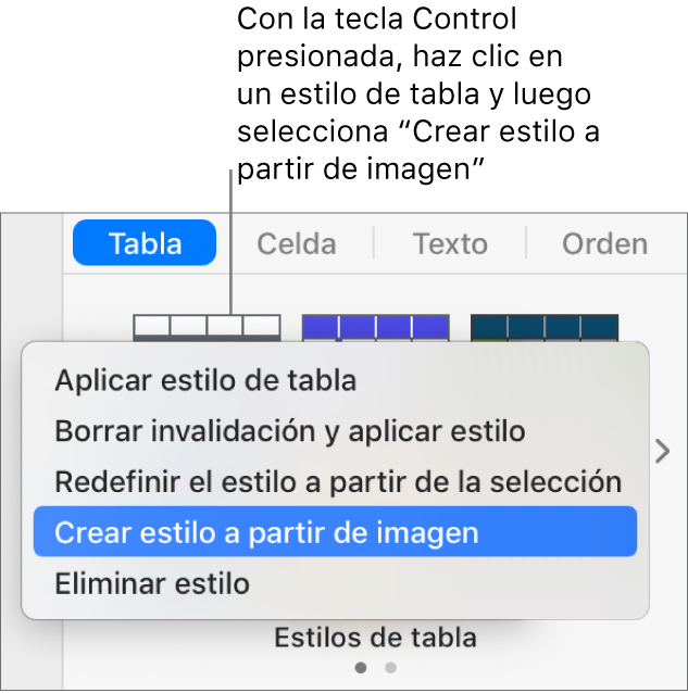 El menú de funciones rápidas de estilo de tabla.