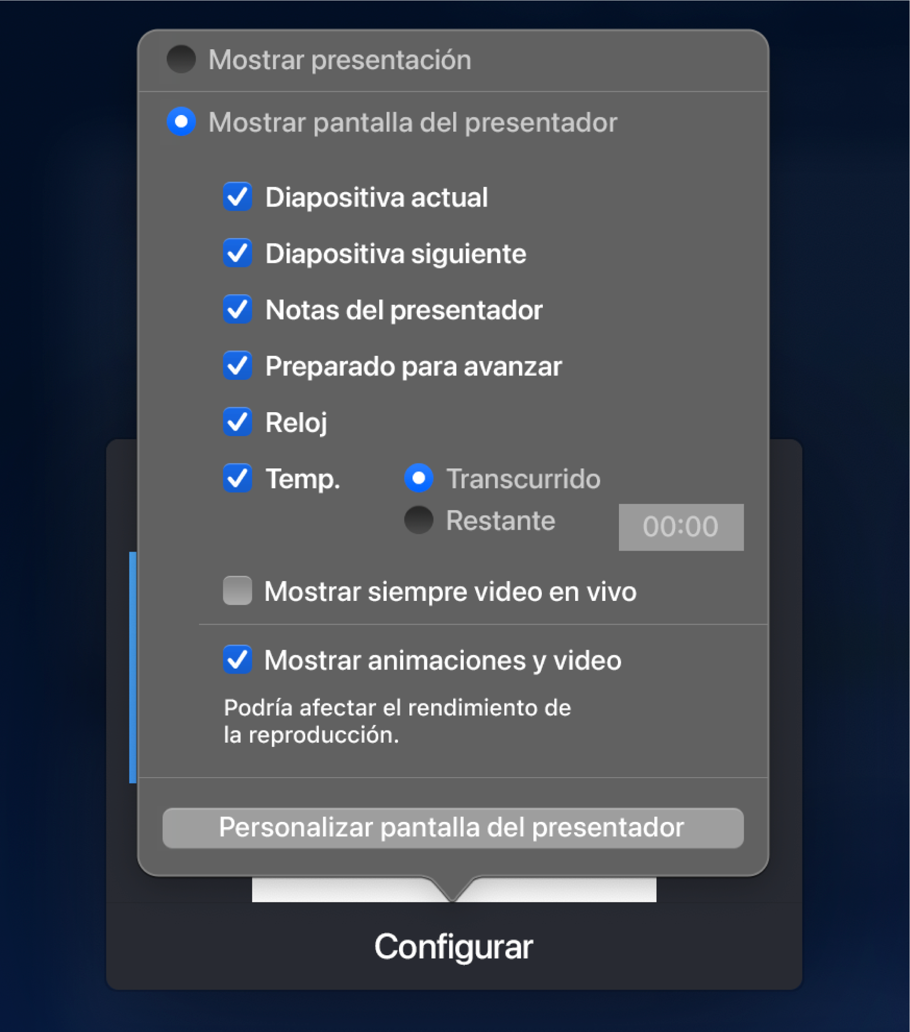 Opciones para establecer lo que se muestra en cada pantalla. Puedes mostrar la presentación de diapositivas o la pantalla del presentador, la cual incluye opciones como Diapositiva actual, Diapositiva siguiente, Notas del presentador, Preparado para avanzar, Reloj y Temporizador. El temporizador tiene opciones adicionales para mostrar ya sea el tiempo transcurrido o el tiempo restante.