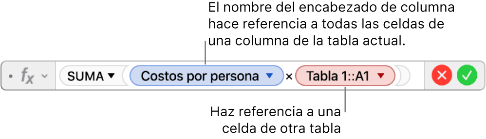 El editor de fórmulas con una fórmula que hace referencia a una columna de una tabla y una celda de otra tabla.