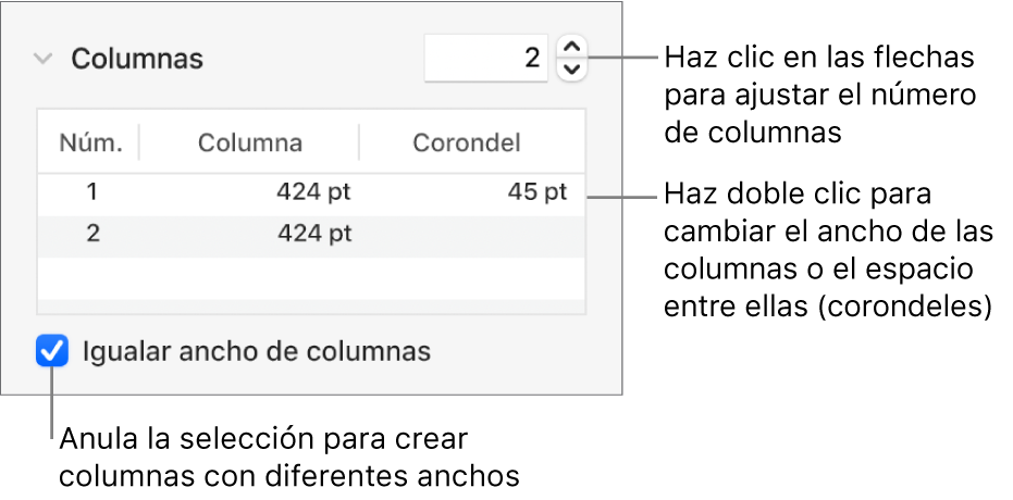 Controles de la sección de columnas para cambiar el número de columnas y el ancho de cada columna.