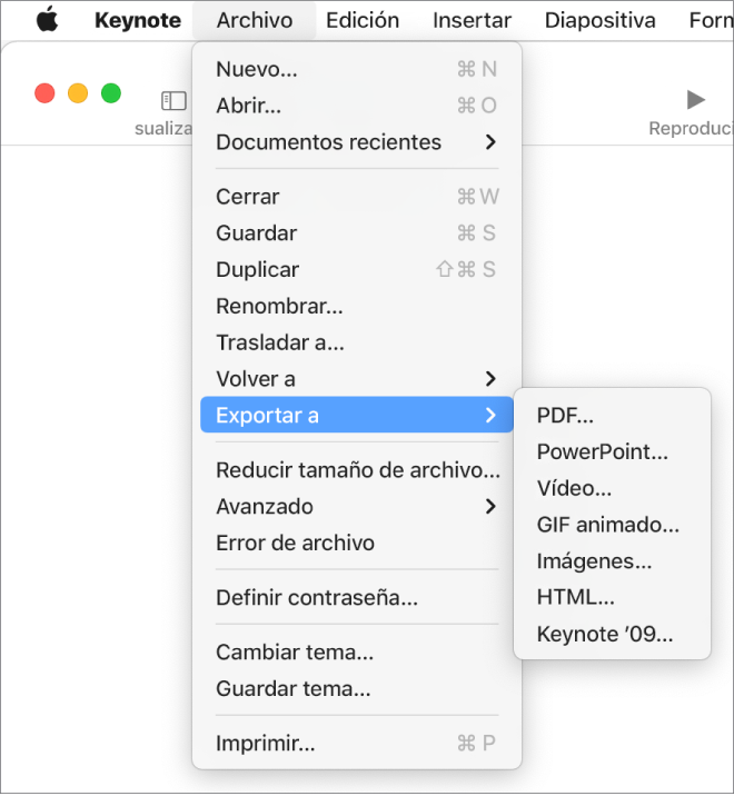 El menú Archivo abierto con la opción “Exportar a” seleccionada y el submenú donde se muestran las opciones de exportación a PDF, PowerPoint, Movie, HTML, Images y Keynote ’09.