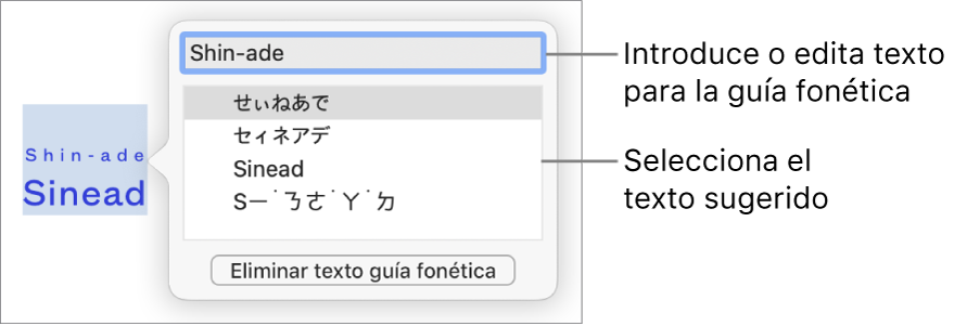 Guía fonética abierta para una palabra, con llamadas al campo de texto y al texto sugerido.