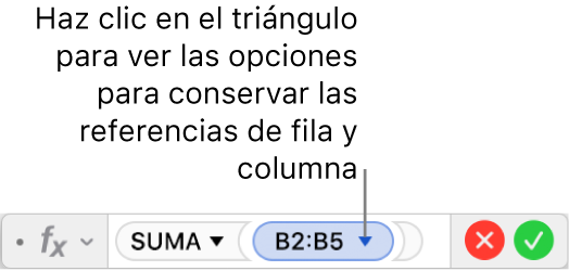 Editor de fórmulas mostrando cómo conservar la fila y la columna de una referencia de intervalo.