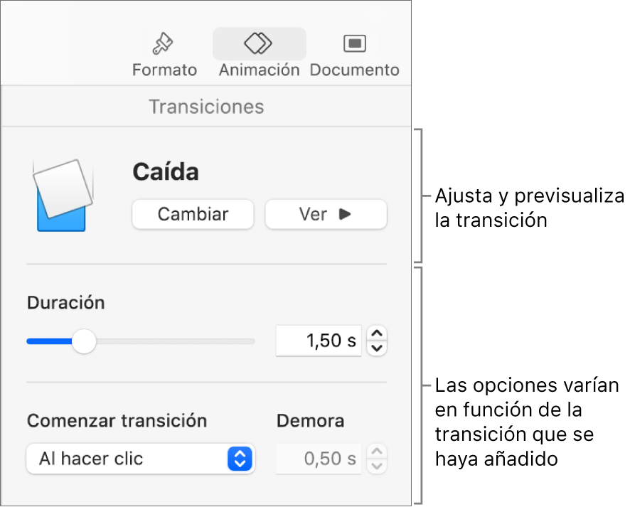 Controles de transiciones en la sección Transiciones de la barra lateral.