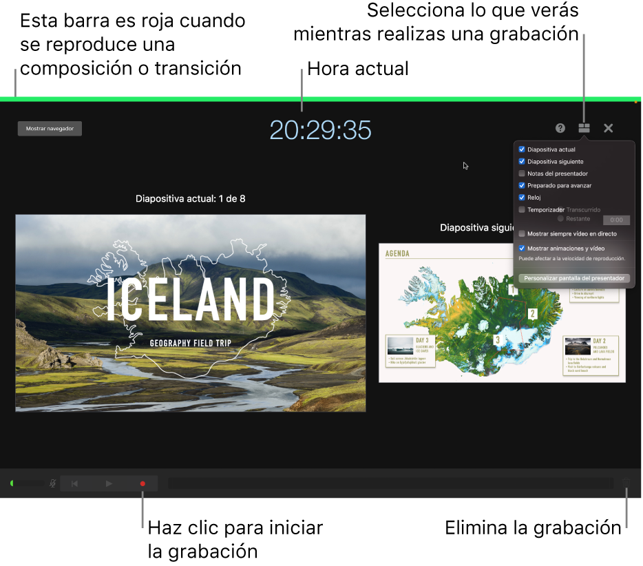 Captura de pantalla del modo de grabación de vídeo en la pantalla del presentador. Están visibles la diapositiva actual y siguiente, la hora actual y los controles de visualización del presentador. El control para iniciar y detener la grabación y el control para eliminar la grabación aparecen cerca de la parte inferior de la pantalla.