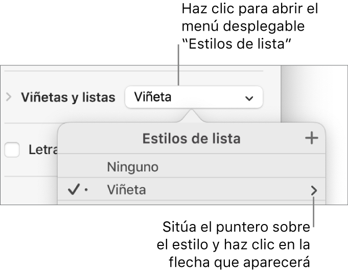 El menú desplegable “Estilos de lista” con un estilo seleccionado y una flecha en el extremo derecho.