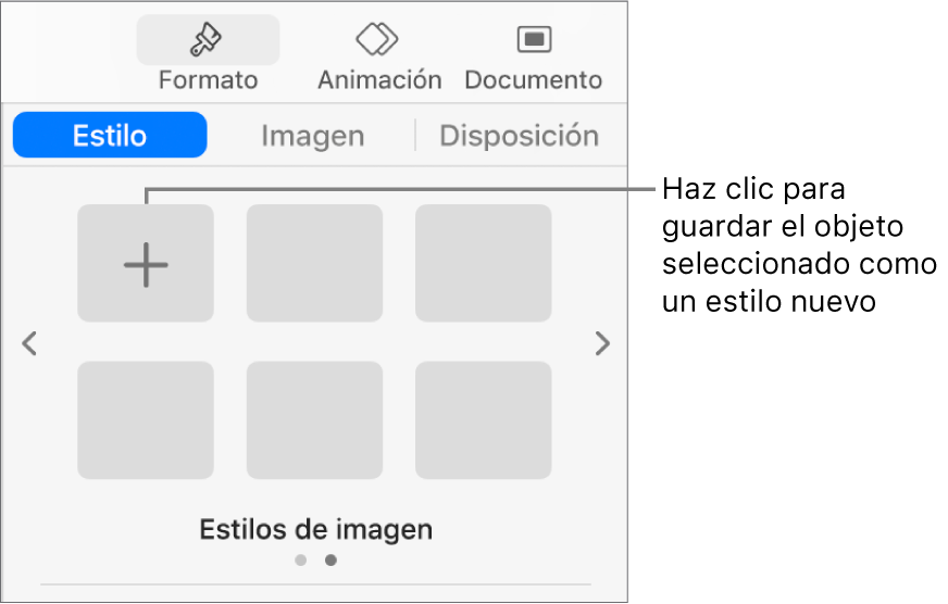 La pestaña Estilo de la barra lateral Formato con un estilo de cuadro de texto, el botón “Crear estilo” a su derecha y cuatro marcadores de posición de estilo vacíos.