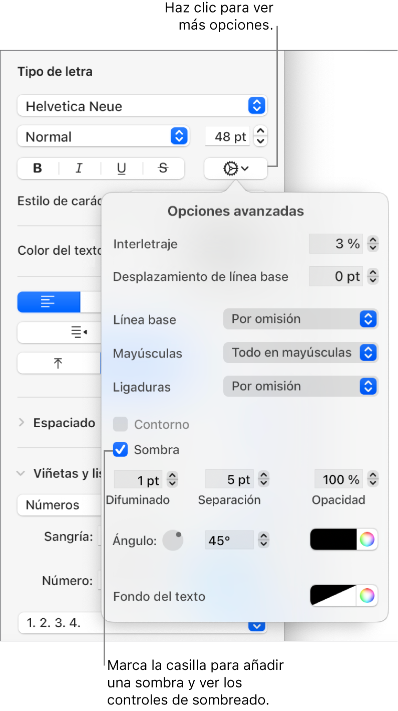 El menú “Opciones avanzadas” abierto con la casilla Sombras seleccionada y controles para configurar el desenfoque, la desviación, la opacidad, el ángulo y el color.