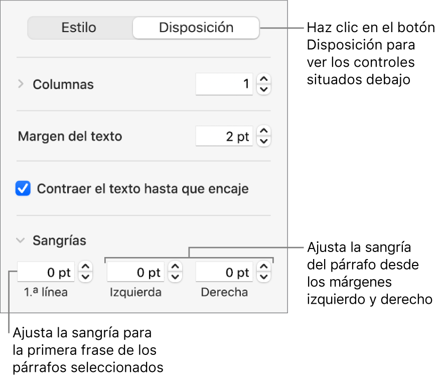 La sección Disposición de la barra lateral Formato con controles para ajustar la sangría de la primera línea y los márgenes de párrafo.